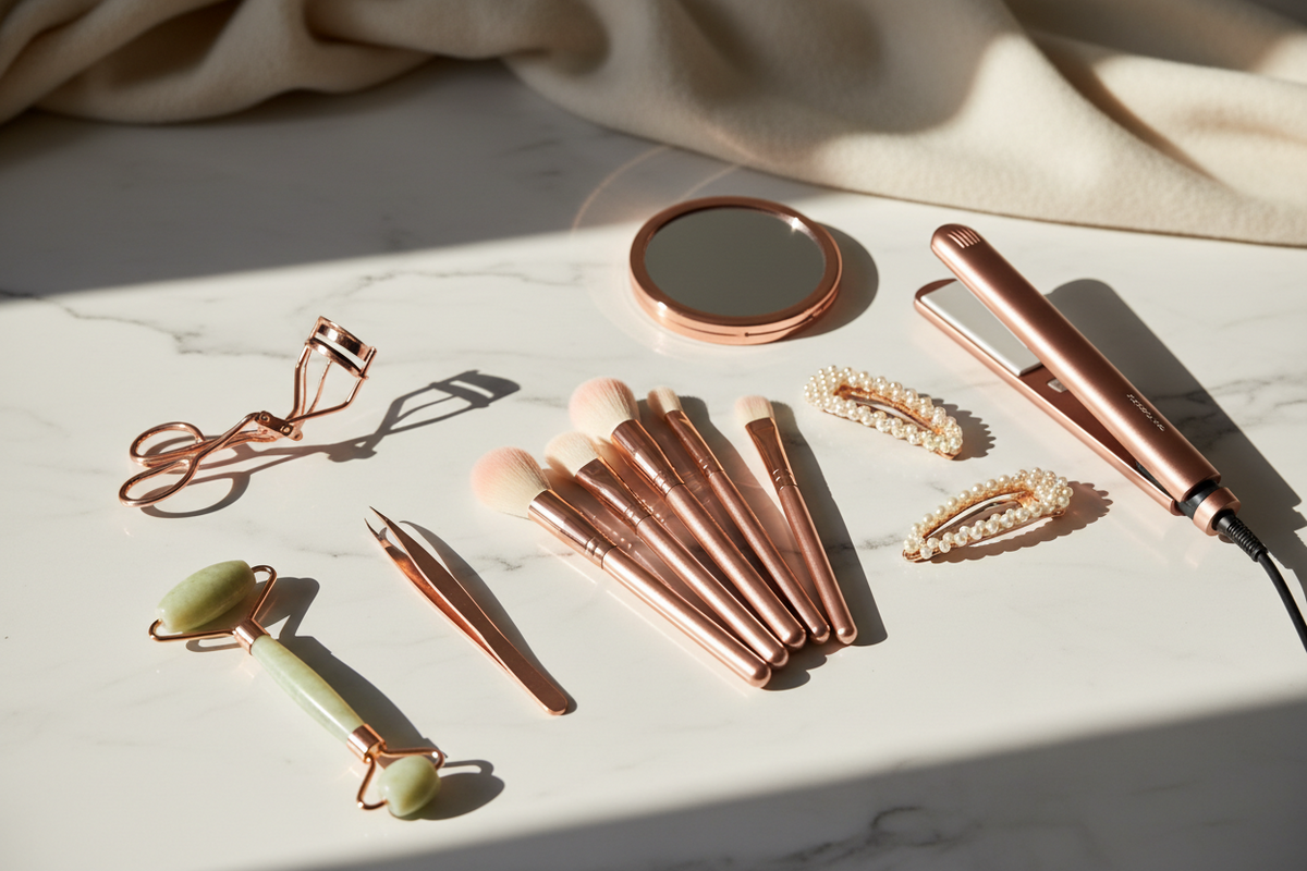 Various beauty tools and accessories neatly arranged on a white surface