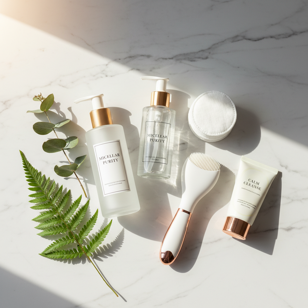 Daily Refresh & Cleanser set featuring white and clear pump bottles, facial brush with rose gold accents, cotton pads, and green fern leaves on marble surface.