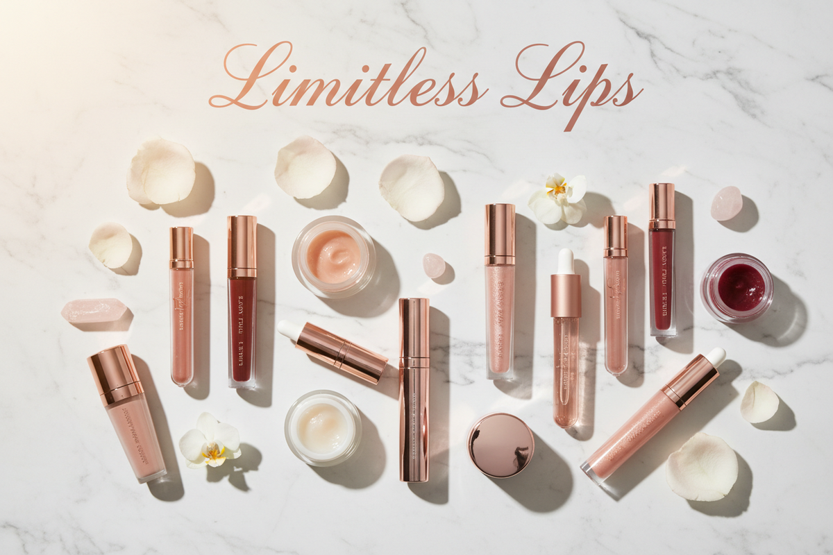 Lip gloss collection in rose gold and nude tones with cream and liquid textures, promoting Limitless Lips for a glossy, plump finish.