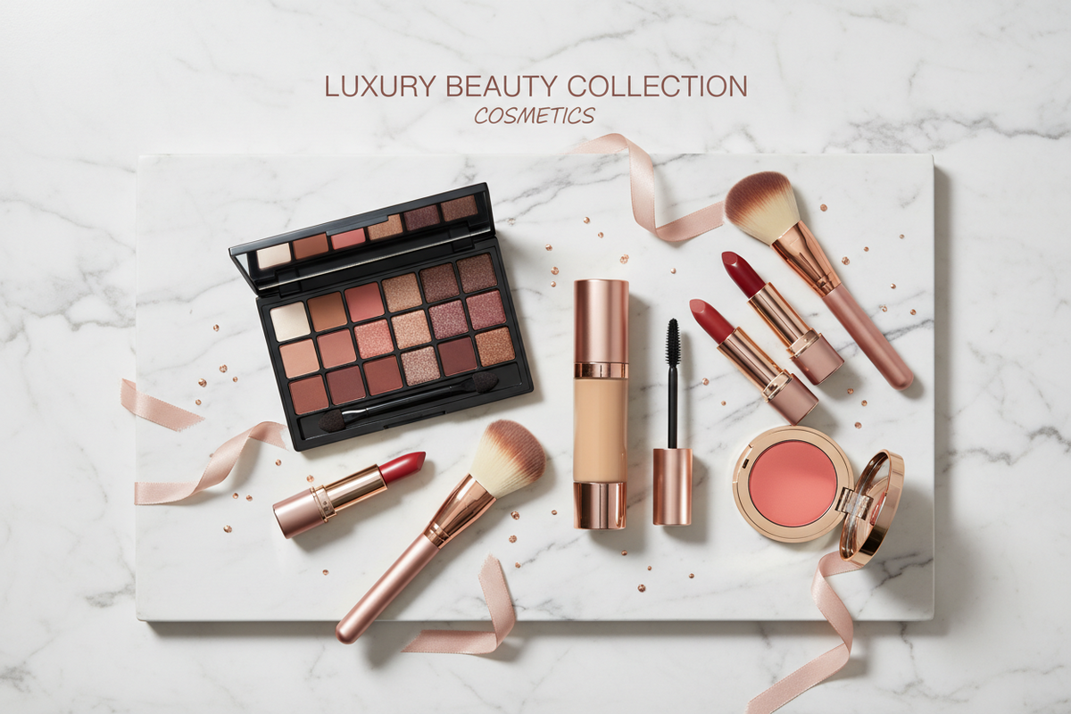 Makeup palette with neutral and brown shades, red lipsticks, foundation bottle, mascara, blush compact, and rose gold brushes for MAKEUP & COSMETICS.
