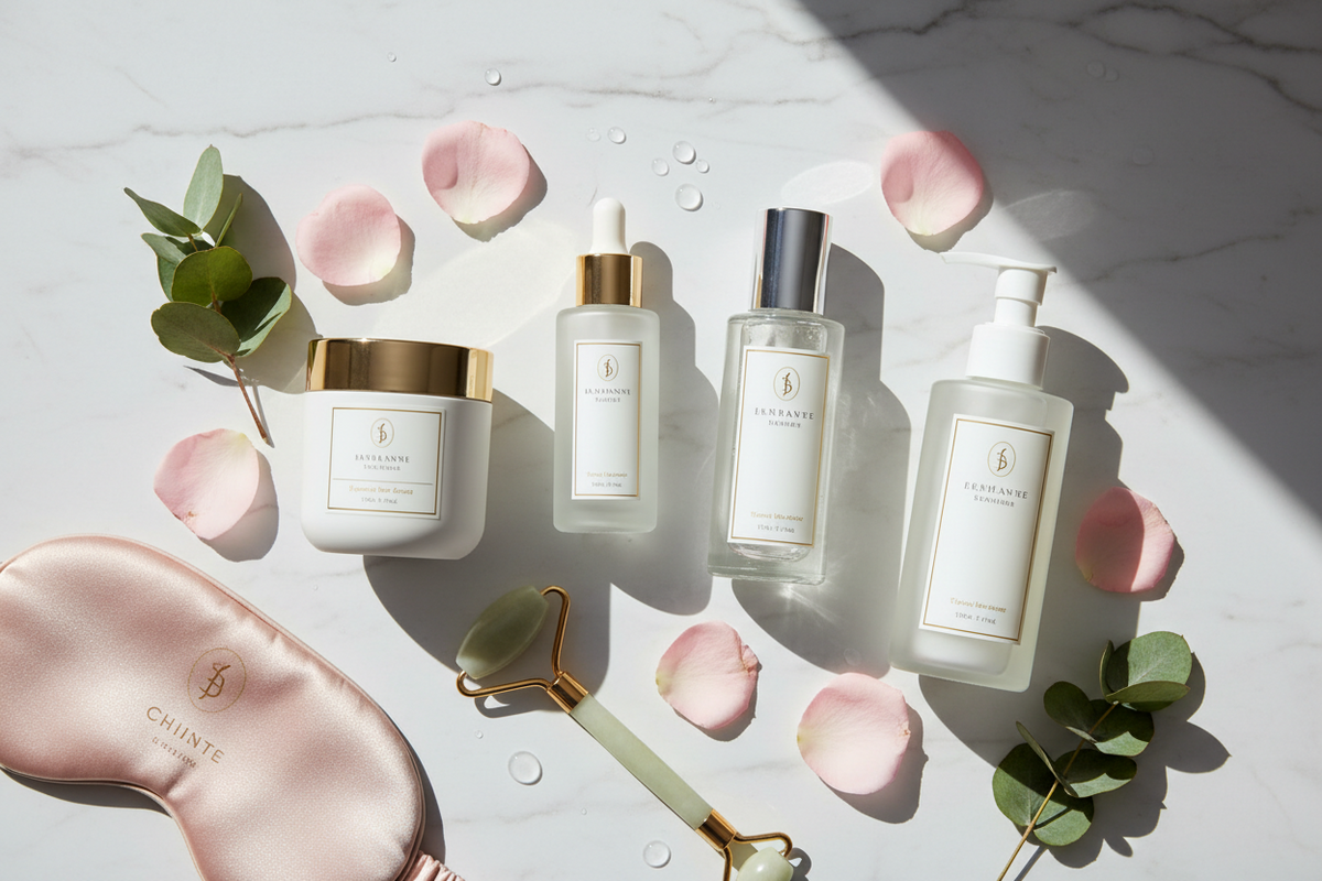 Set of SKINCARE ESSENTIALS including white and gold frosted glass bottles, cream jar, facial roller with green stone, and pink silk eye mask.