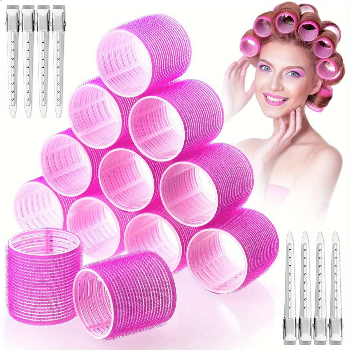 24-Piece Jumbo Self-Grip Hair Curlers set in pink with white clips, featuring large textured rollers for easy curling and volume.