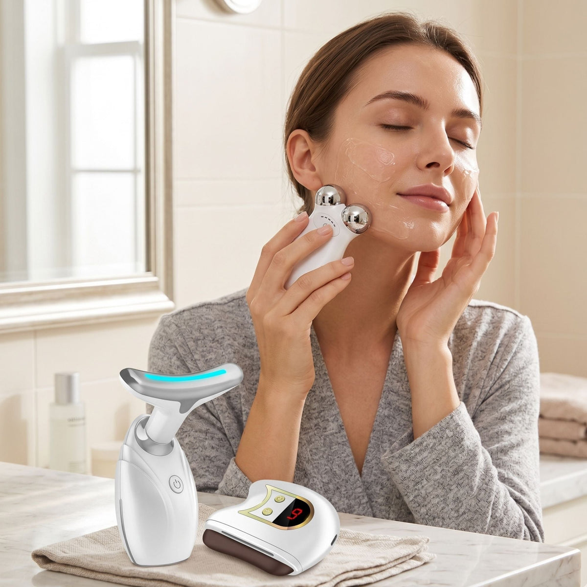 3-in-1 Facial Lift device held by woman using microcurrent facial toning on cheek with clear gel and grey robe