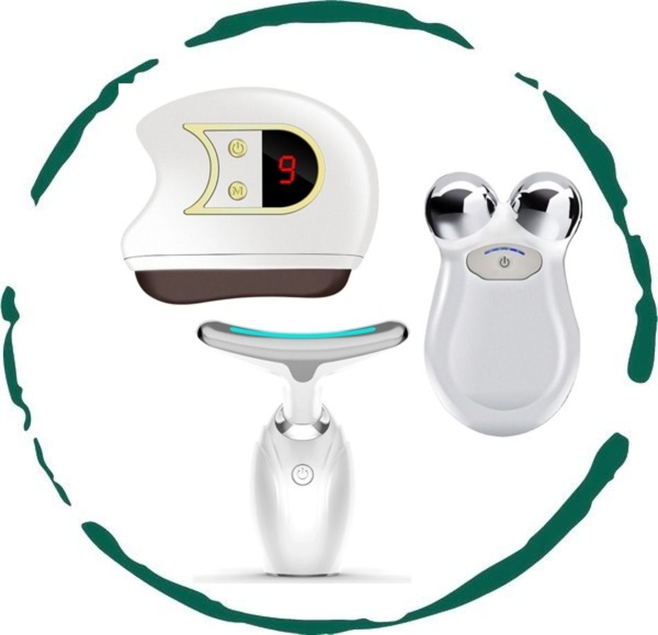3-in-1 Facial Lift set featuring white compact devices with LED display, ergonomic shapes, and metallic roller balls for facial contouring.