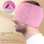 360° Massage Migraine Relief pink gel cap with V-shaped nose bridge design, ergonomic stretchable full head and eye coverage mask