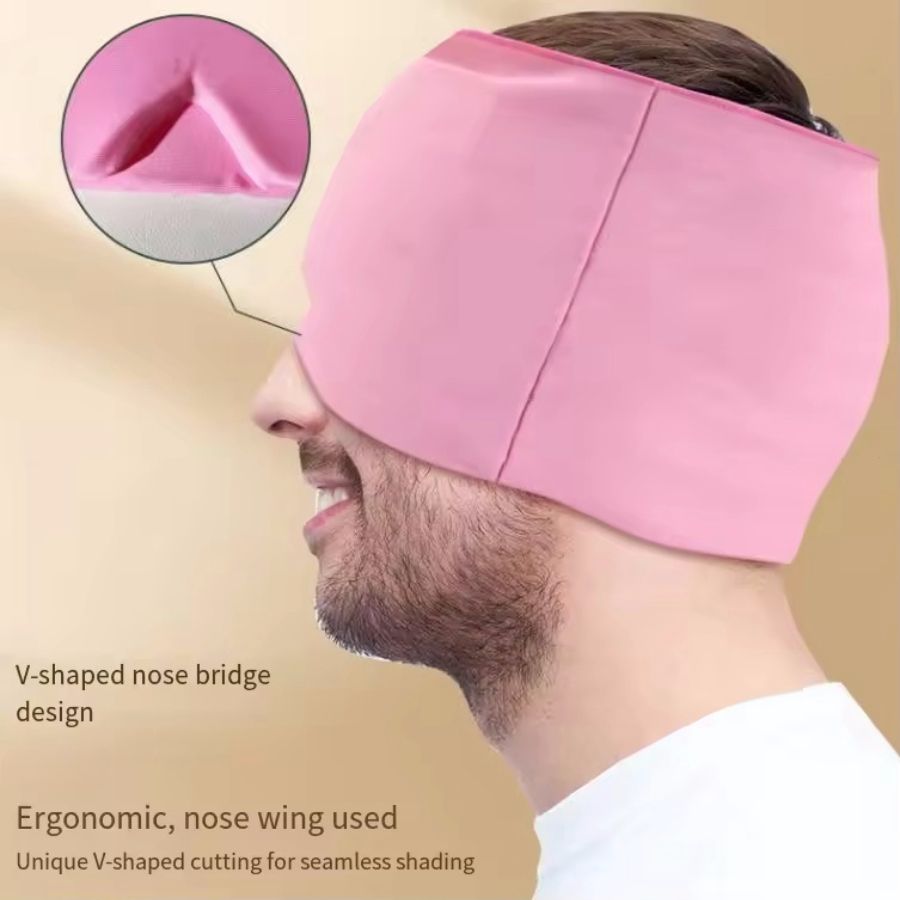 360° Massage Migraine Relief pink gel cap with V-shaped nose bridge design, ergonomic stretchable full head and eye coverage mask