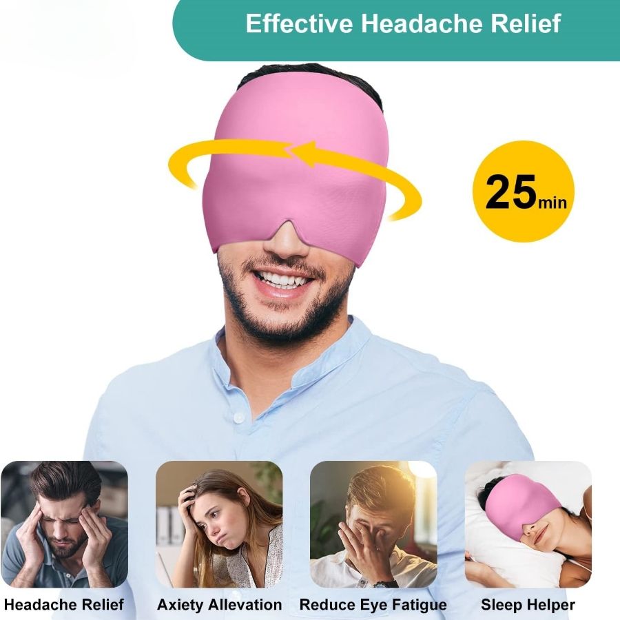 360° Massage Migraine Relief pink gel eye mask covering forehead and eyes for headache relief and eye fatigue
