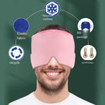 360° Massage Migraine Relief pink elastic fabric gel eye mask covering eyes and forehead for hot and cold therapy