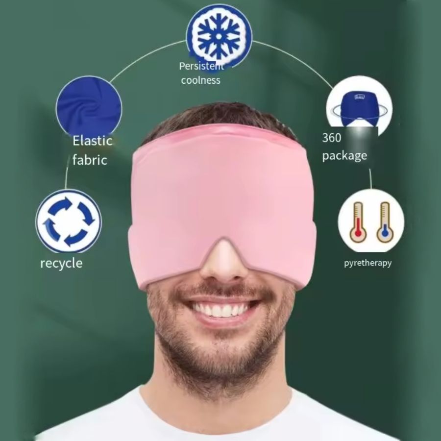 360° Massage Migraine Relief pink elastic fabric gel eye mask covering eyes and forehead for hot and cold therapy