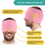 360° Massage Migraine Relief pink medical-grade gel cap with one-piece design, ear protection, and full black-out eye coverage