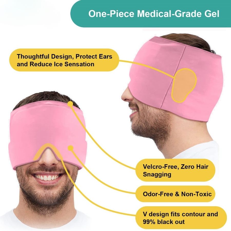 360° Massage Migraine Relief pink medical-grade gel cap with one-piece design, ear protection, and full black-out eye coverage