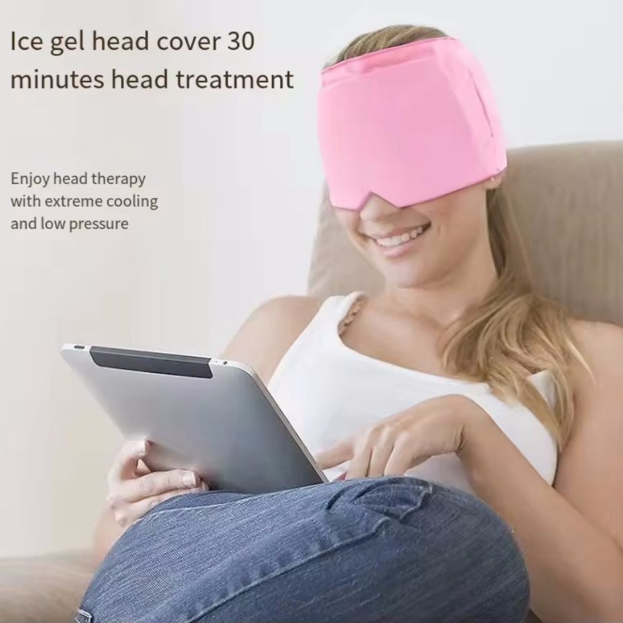 360° Massage Migraine Relief hot and cold gel cap in pink, full-coverage with light-blocking eye mask for headache relief