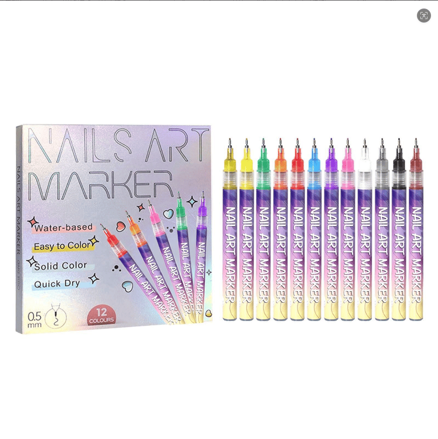 3D Nail Art Marker Pen set with 12 vibrant colors, transparent acrylic bodies, and 0.5mm fine tips for detailed nail designs