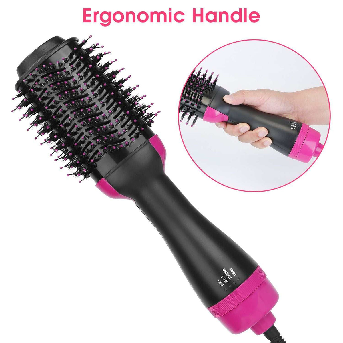 4-in-1 Multi-Function hot air hair dryer brush in black and pink with ball-tipped nylon bristles and ergonomic handle design