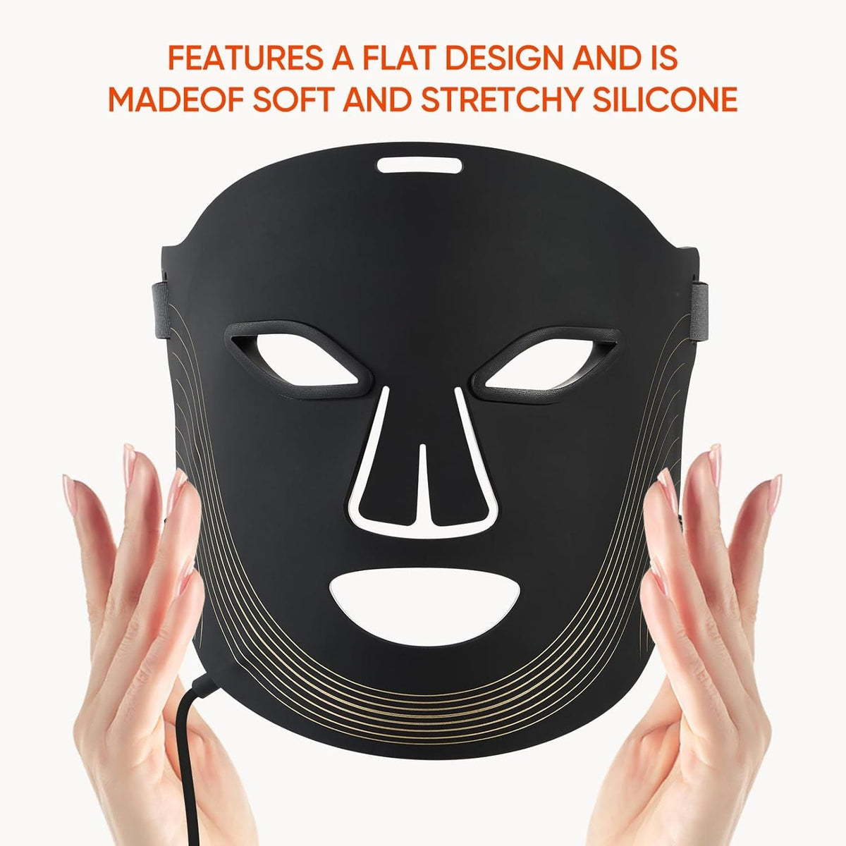 7 Color Rechargeable LED black silicone face mask with eye, nose, and mouth cutouts and gold curved lines, held by hands