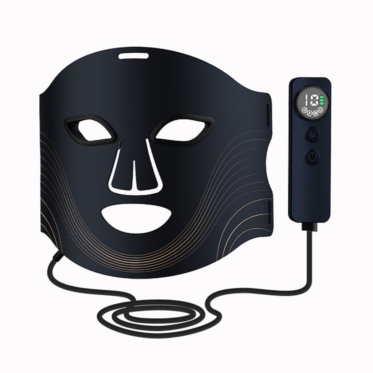 7 Color Rechargeable LED black face mask with gold wave patterns and wired handheld remote control for light therapy