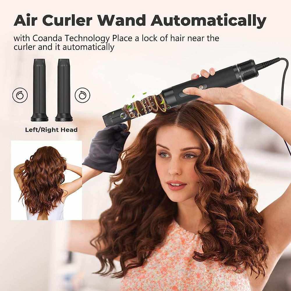 7-in-1 Air Styler black automatic air curler wand styling long wavy brown hair with left and right head attachments