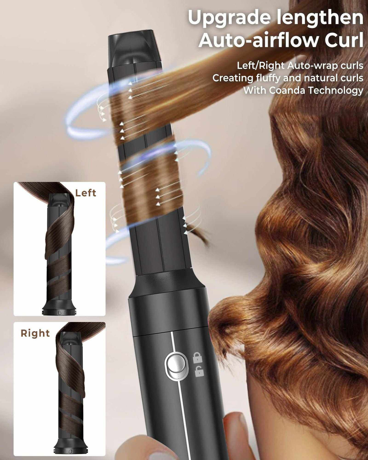 7-in-1 Air Styler black curling attachment creating smooth brown curls with auto-airflow technology
