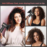 7-in-1 Air Styler black hair diffuser attachment held by woman with curly hair demonstrating fast drying and volume
