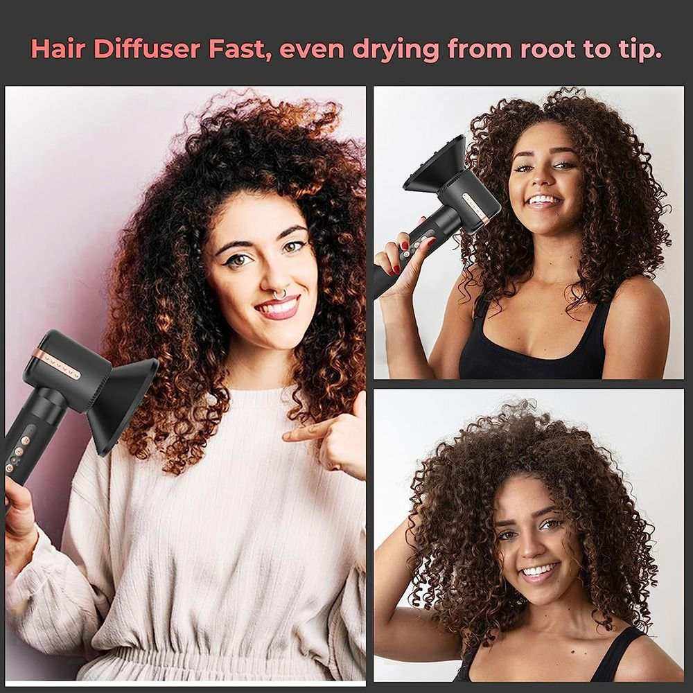 7-in-1 Air Styler black hair diffuser attachment held by woman with curly hair demonstrating fast drying and volume