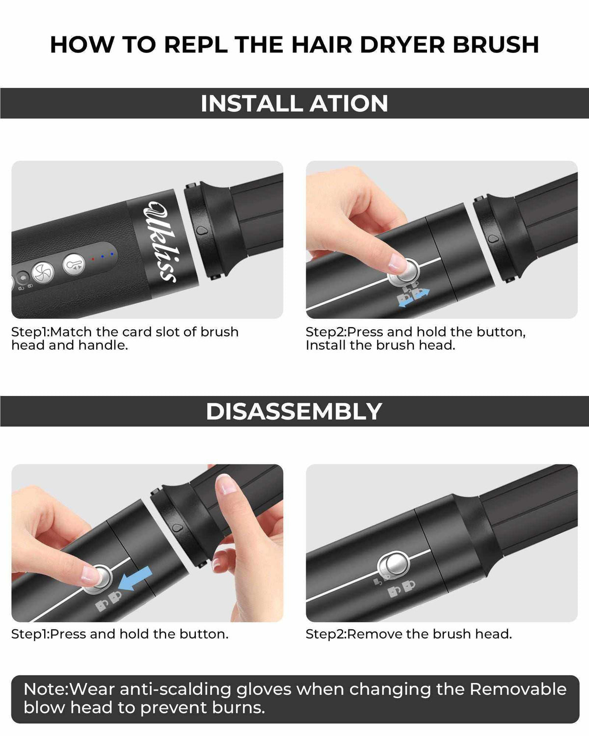 7-in-1 Air Styler black hair dryer brush with detachable brush head showing installation and disassembly steps with button control