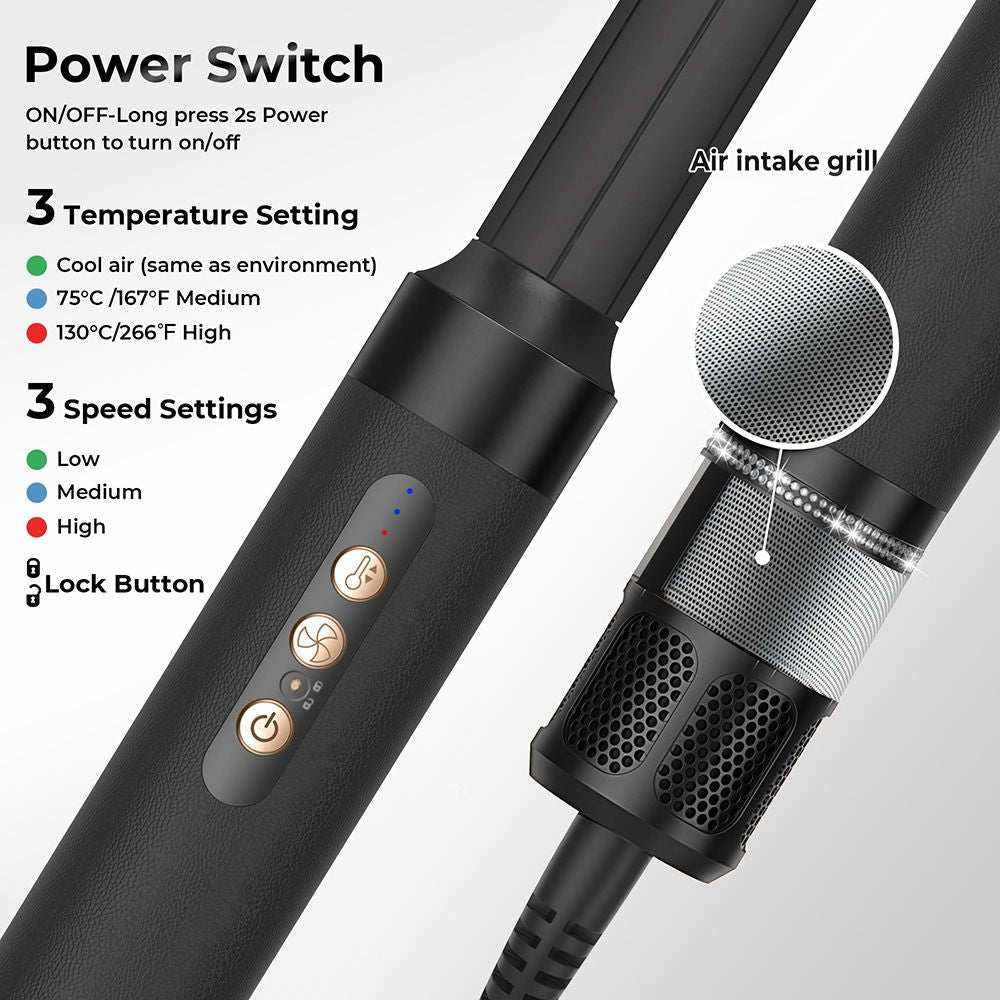 7-in-1 Air Styler black cylindrical handle with three temperature and speed settings buttons and detailed air intake grill