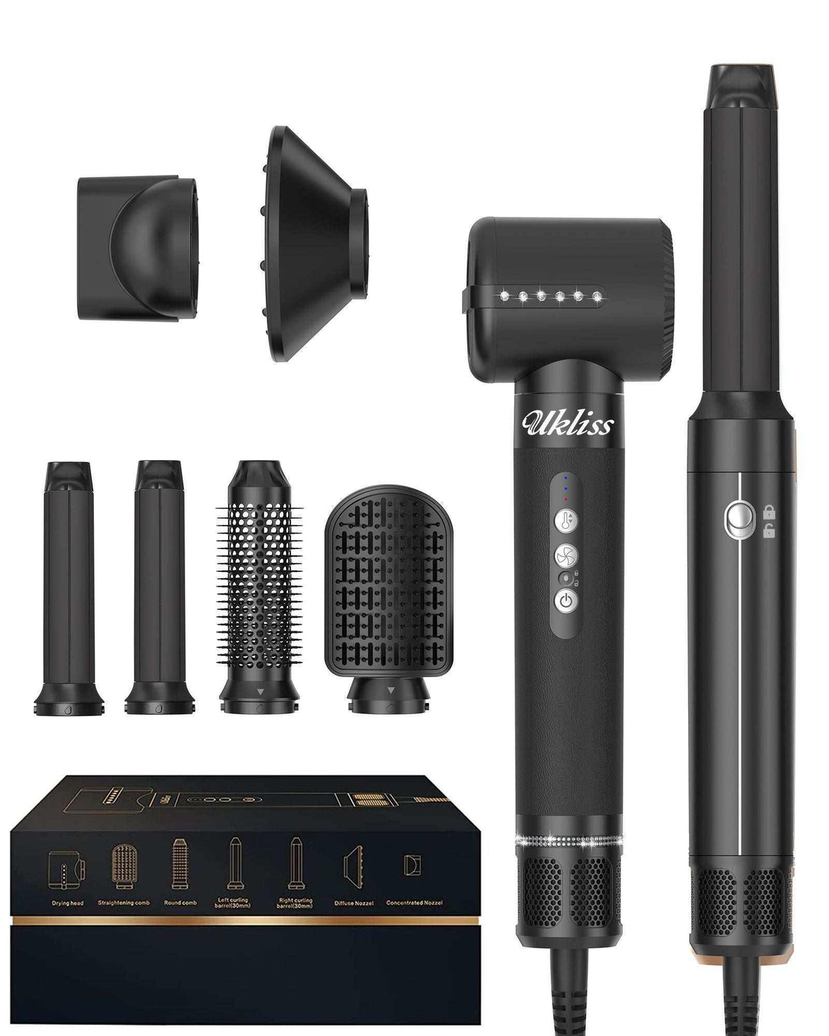 7-in-1 Air Styler hot air brush set in black with seven detachable styling attachments and control buttons