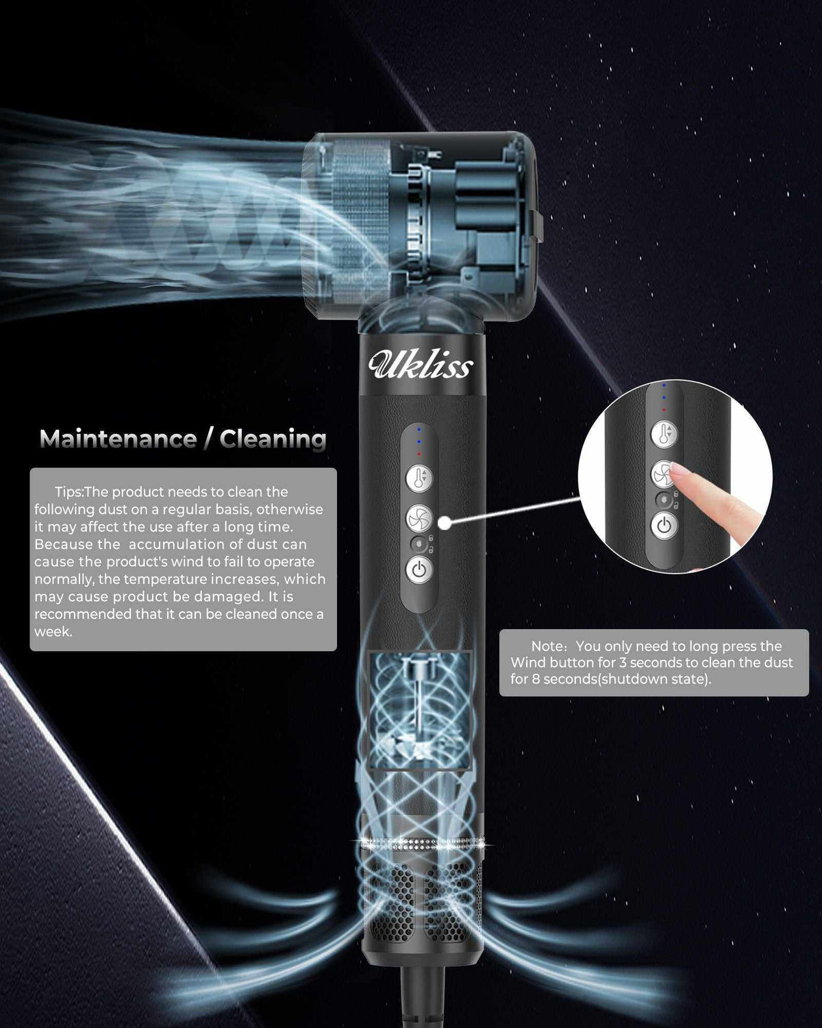 7-in-1 Air Styler black handheld hot air brush showing airflow, dust cleaning function, and control buttons
