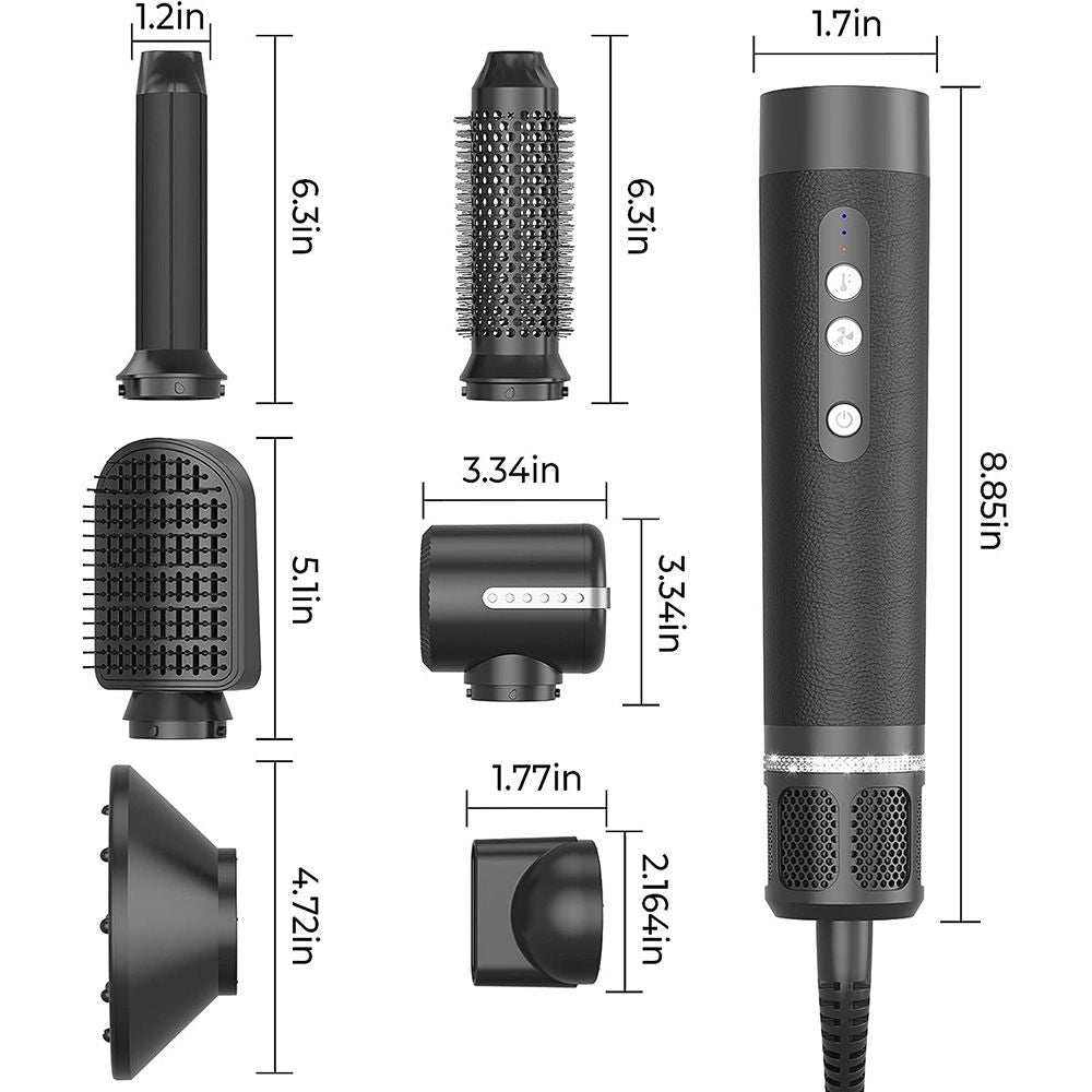 7-in-1 Air Styler set featuring a black main body with control buttons and six black detachable styling attachments in various shapes and sizes with measurements shown