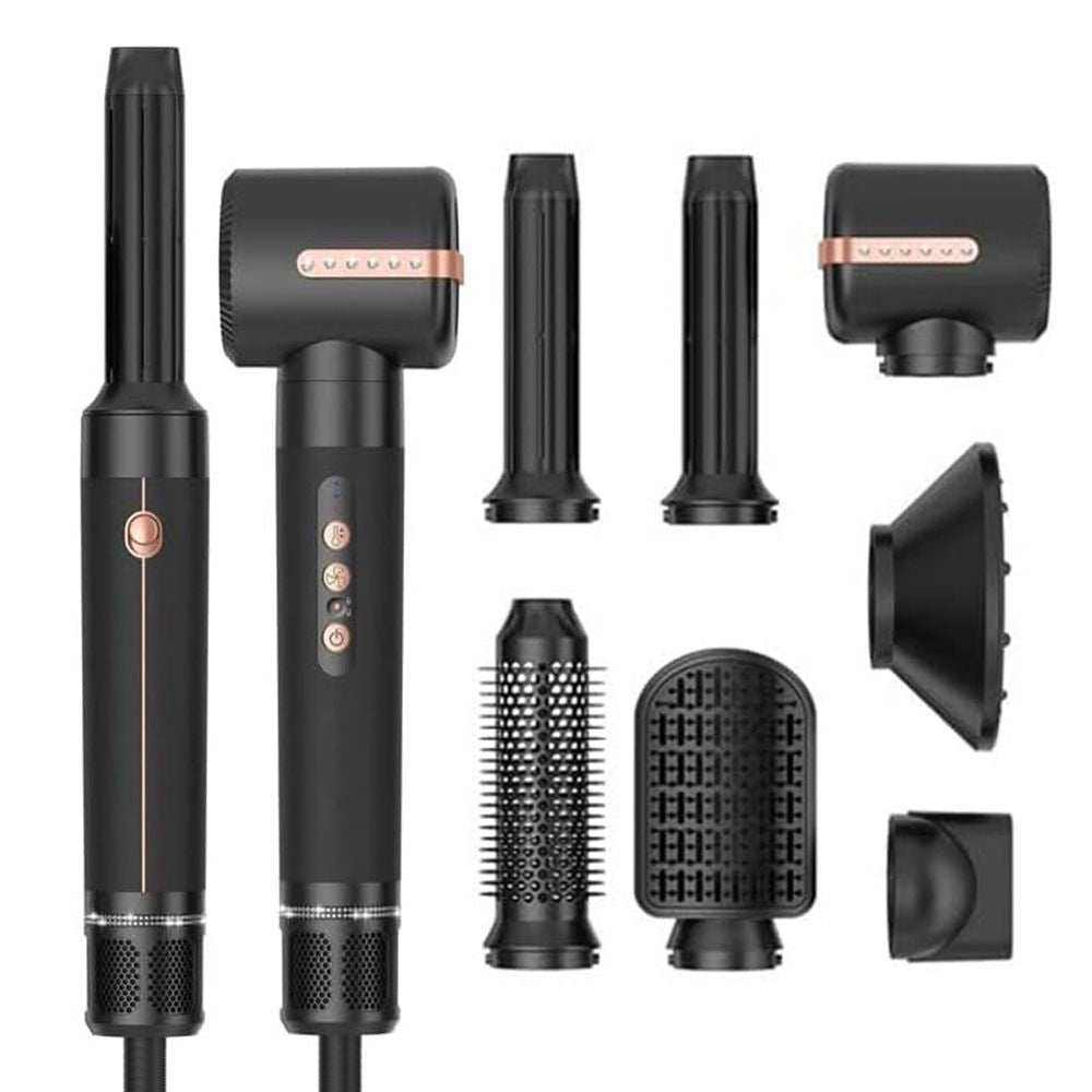 7-in-1 Air Styler set with black and rose gold hair dryer and seven interchangeable attachments for styling versatility.