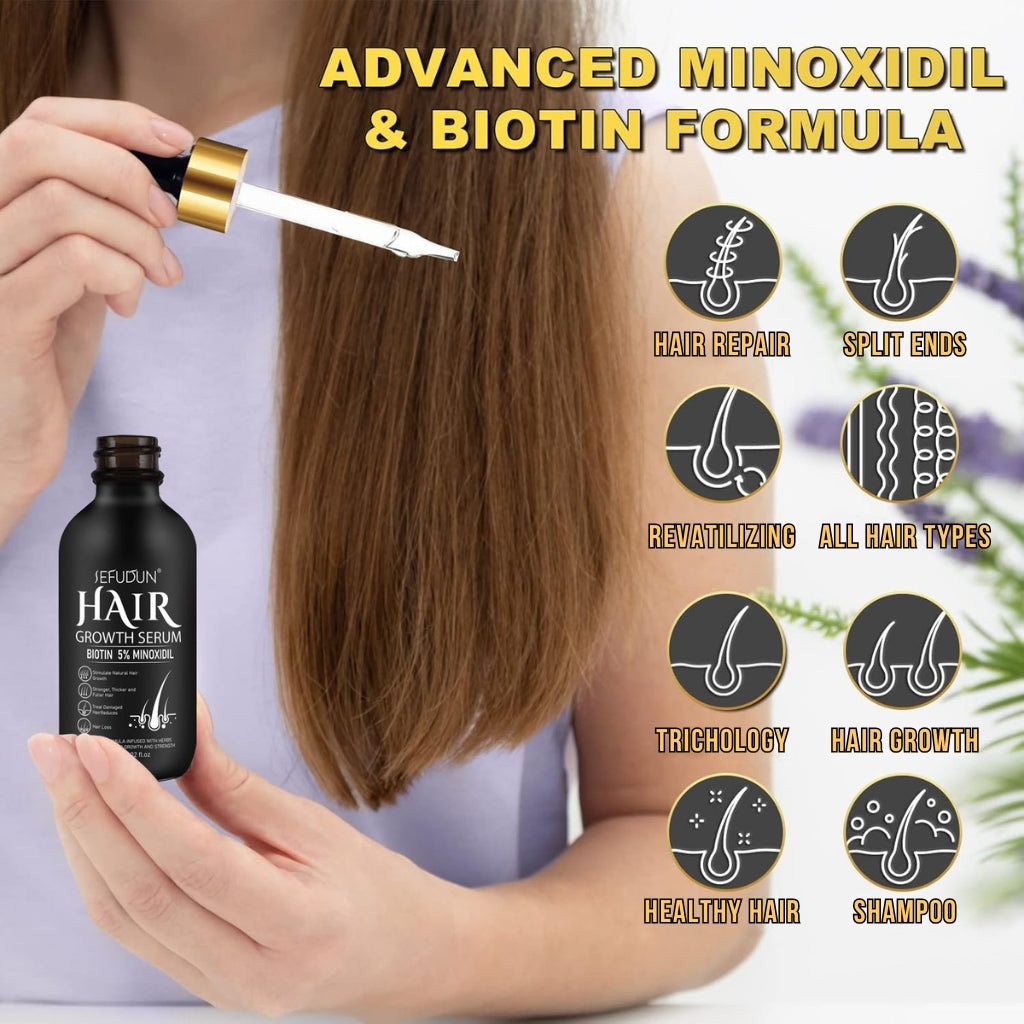 Advanced Hair Growth Serum Kit with 5% Minoxidil, Biotin & Ginseng, featuring a sleek bottle and natural ingredients for thicker, healthier hair.