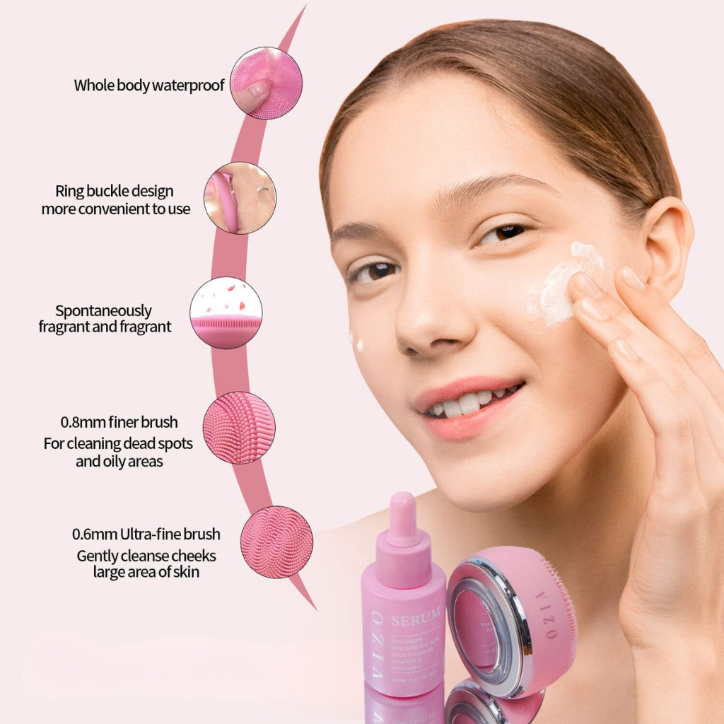 VIZO 4-In-1 Rejuvenation & Cleansing Device showcasing its sleek design, highlighting features like Red & Blue Light Therapy to rejuvenate and cleanse for youthful skin.