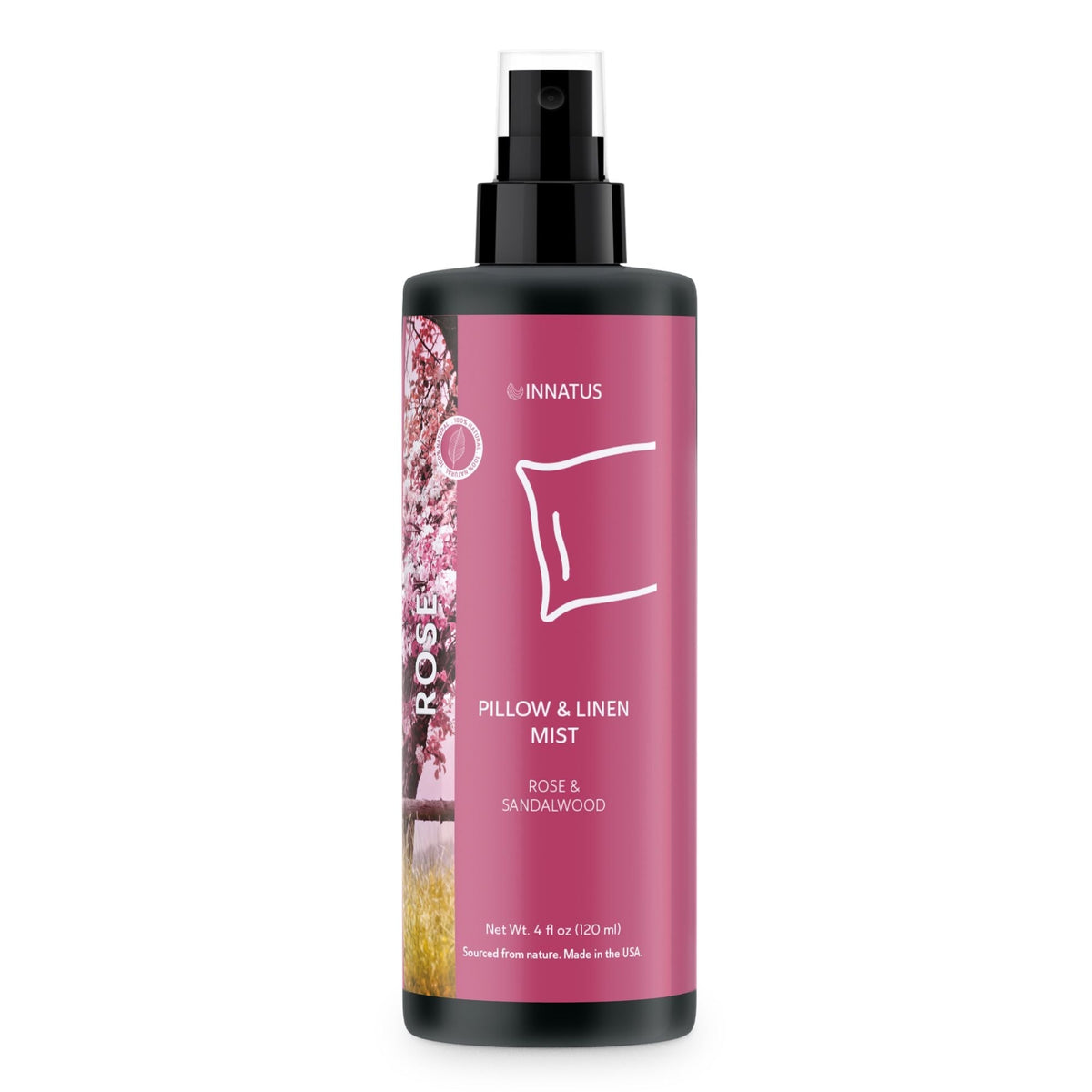 4 oz black spray bottle with pink label featuring floral design and white pillow icon, All-Natural Rose Pillow & Linen Spray