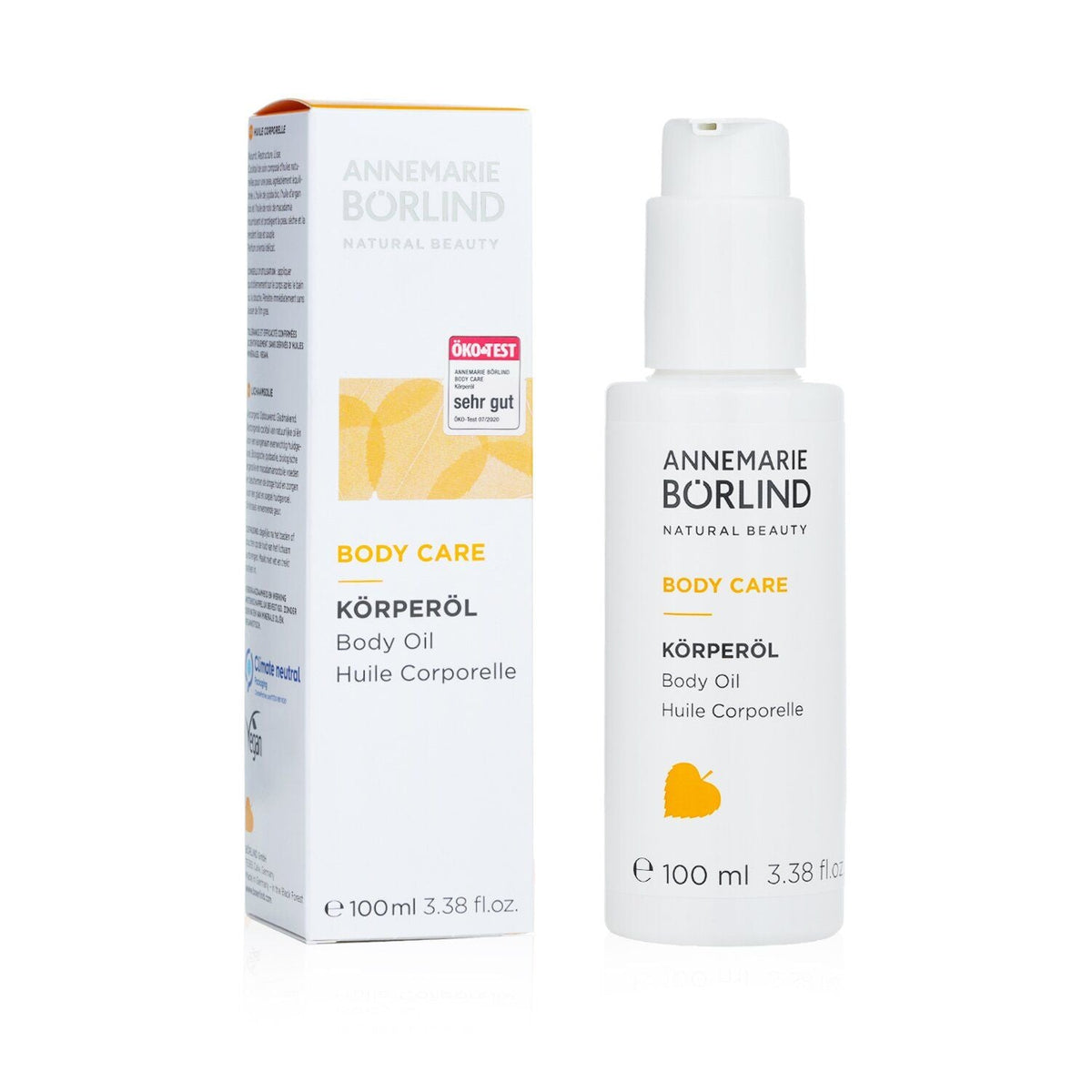 Annemarie Borlind Nourishing Body Oil 100ml white bottle with pump and matching white box featuring yellow accents and text