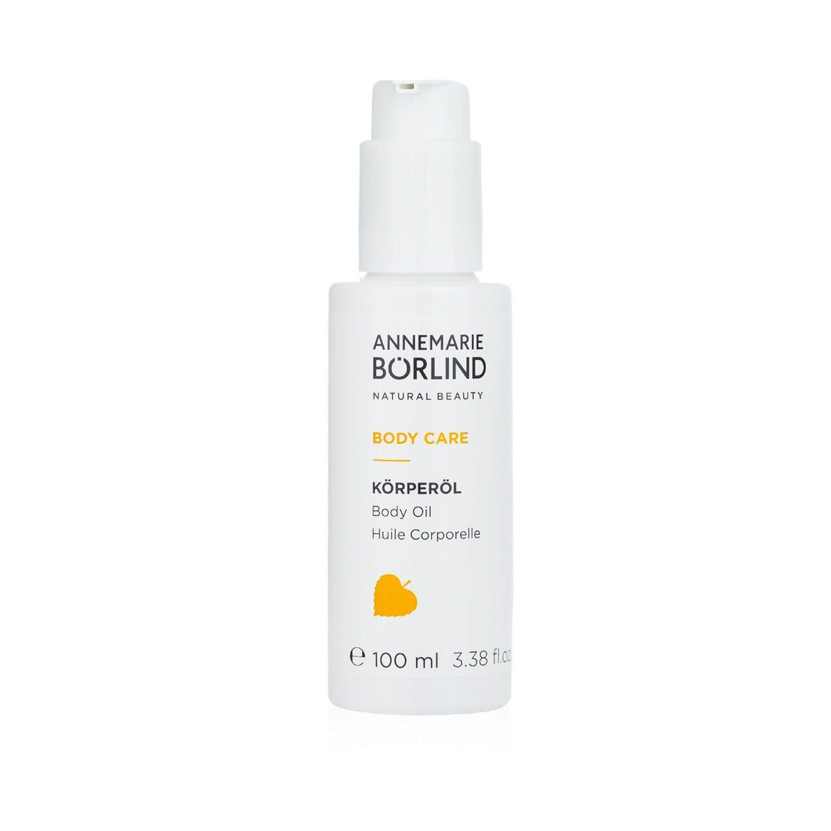 White plastic bottle of Annemarie Borlind Nourishing Body Oil with yellow text and heart logo containing 100ml of body oil.