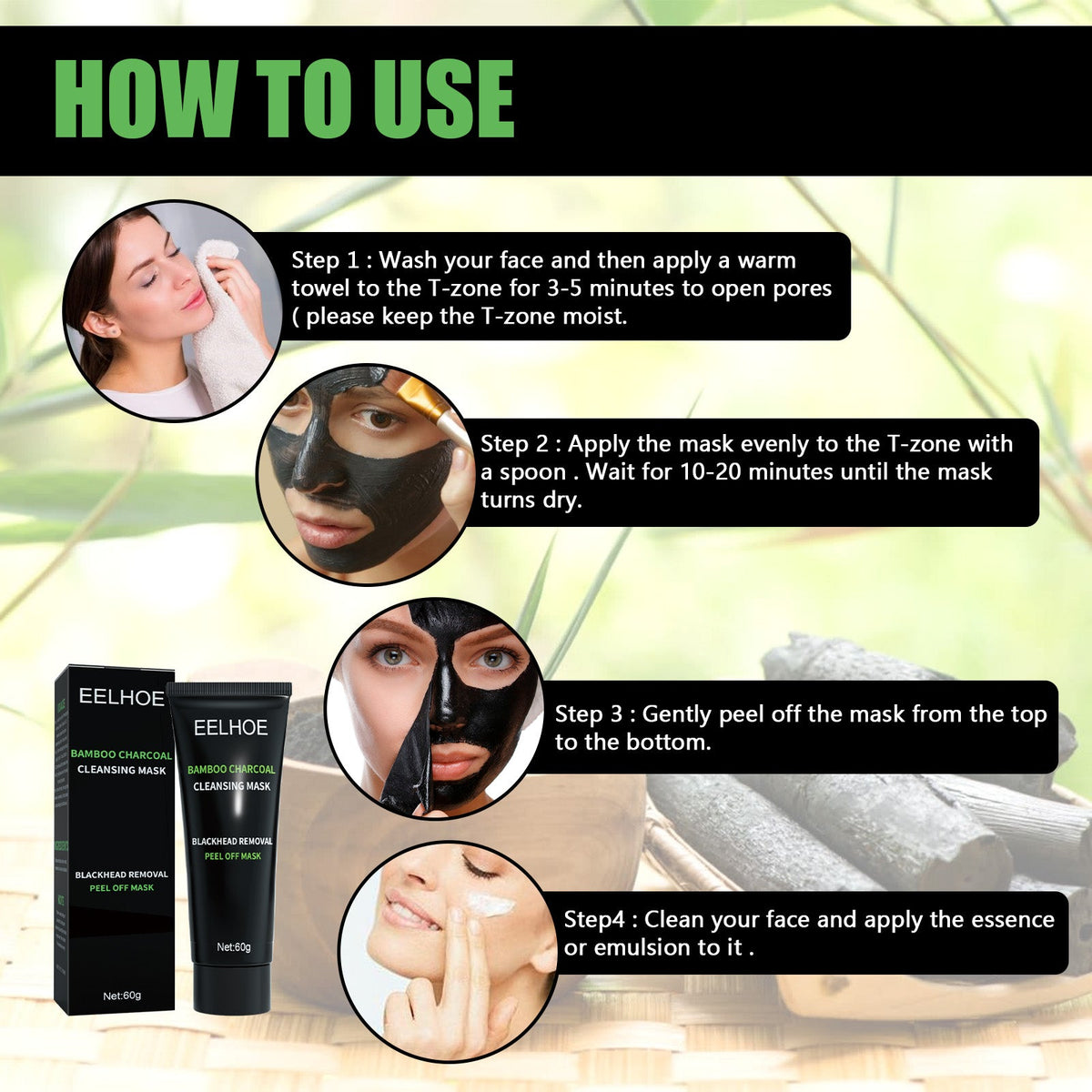 Bamboo Charcoal Blackhead Removal Mask tube and instructions showing step-by-step application on a woman’s face for pore cleansing