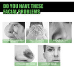Bamboo Charcoal Blackhead Removal Mask benefits graphic showing facial problem areas like enlarged pores, facial cleansing, blackheads, strawberry nose, and acne