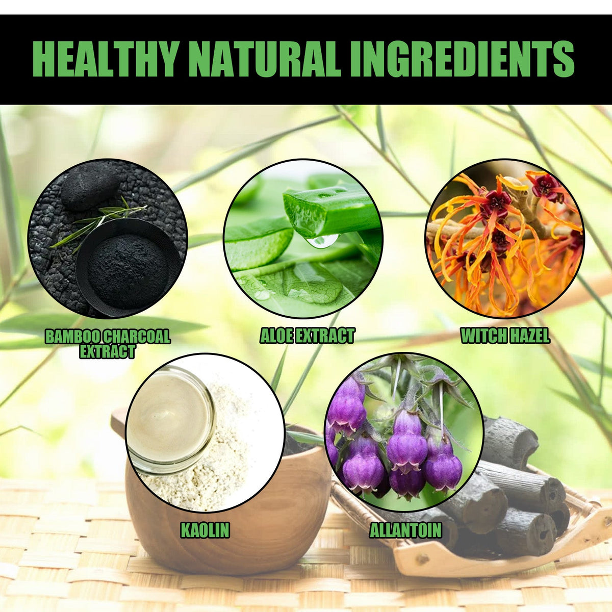 Bamboo Charcoal Blackhead Removal Mask ingredients including bamboo charcoal extract, aloe extract, witch hazel, kaolin, and allantoin in natural setting