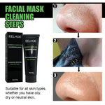 Bamboo Charcoal Blackhead Removal Mask tube and box next to before and after nose close-ups showing pore cleansing effect for all skin types