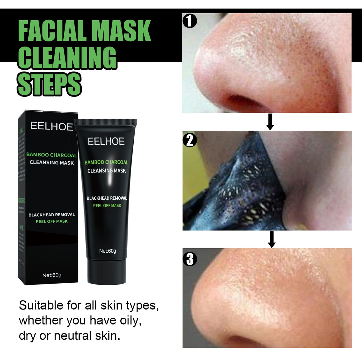 Bamboo Charcoal Blackhead Removal Mask tube and box next to before and after nose close-ups showing pore cleansing effect for all skin types
