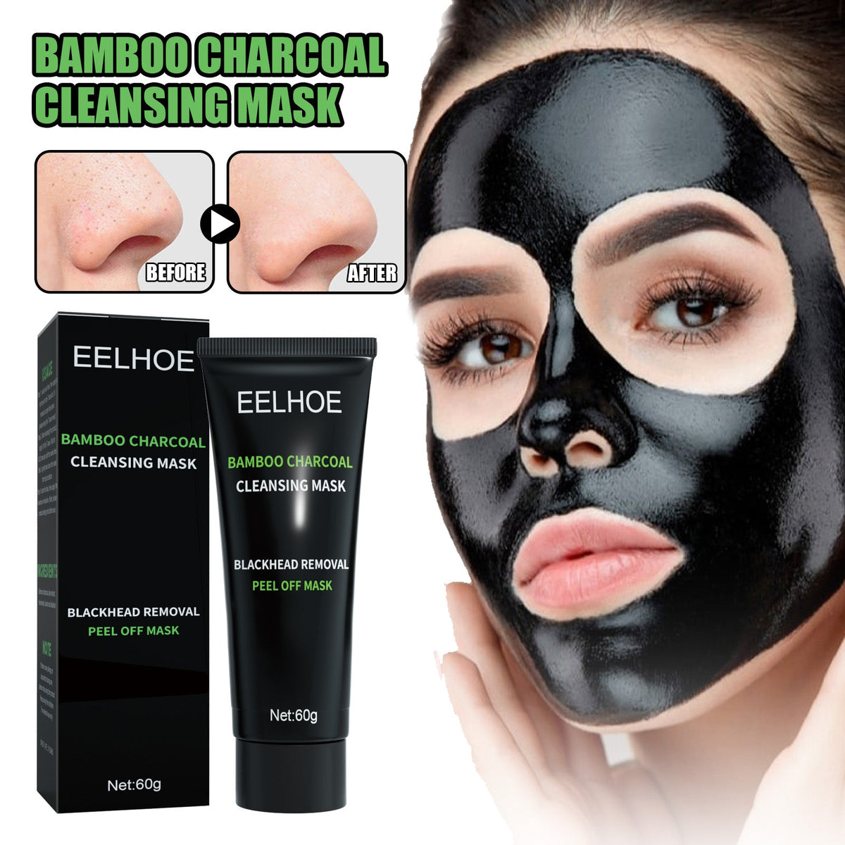 Bamboo Charcoal Blackhead Removal Mask applied thickly on a woman's face showing smooth black peel-off texture with before and after nose comparison and product tube and box