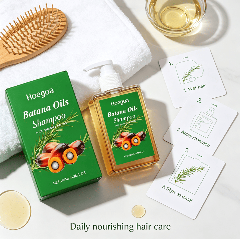 Batana Oil Infused 100ml shampoo in transparent pump bottle with green label and matching green box, natural rosemary oil theme