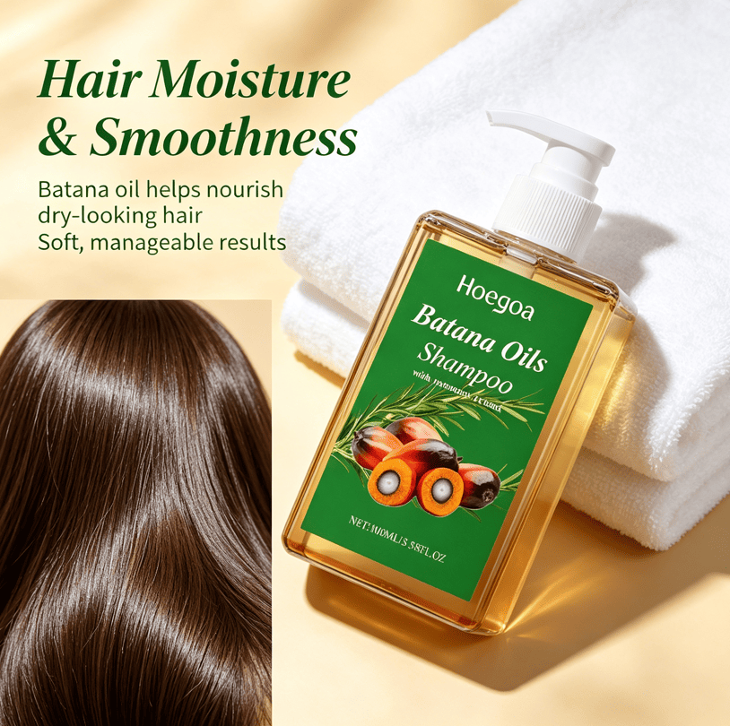Batana Oil Infused clear plastic bottle shampoo with white pump and green label featuring palm fruit, placed on white towels