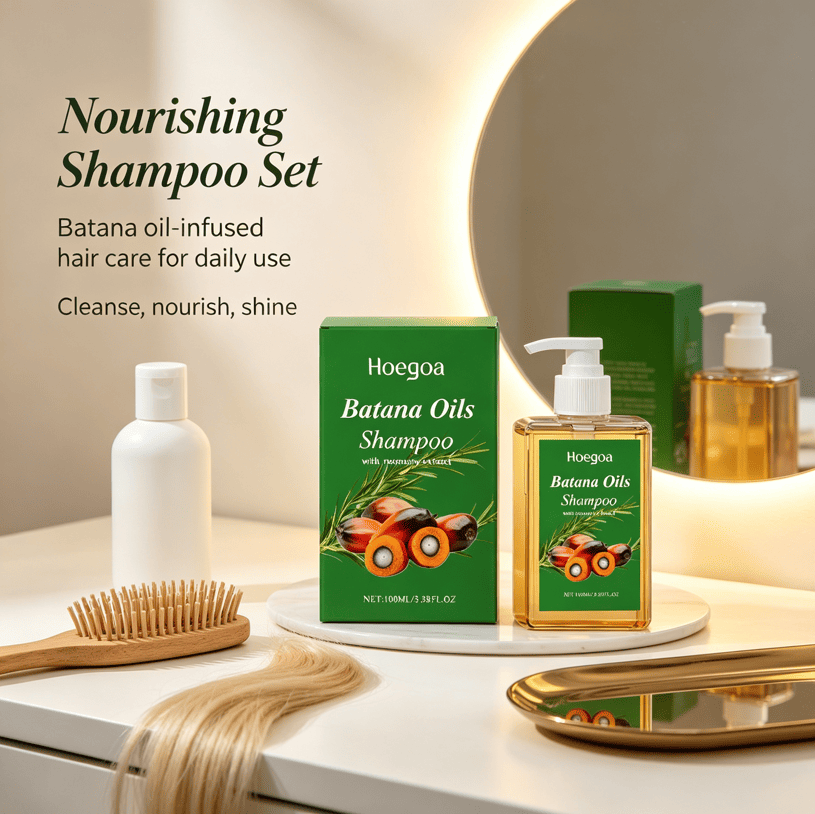 Batana Oil Infused shampoo in a transparent pump bottle with green label alongside matching green box and wooden hairbrush.