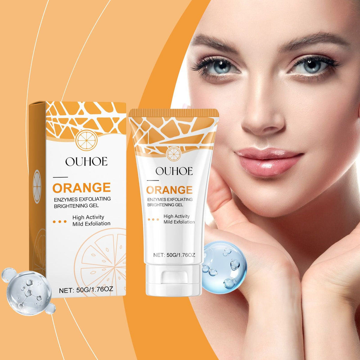 Brightening Orange Enzyme exfoliating gel in white and orange packaging beside a woman's clear glowing skin face, smooth complexion