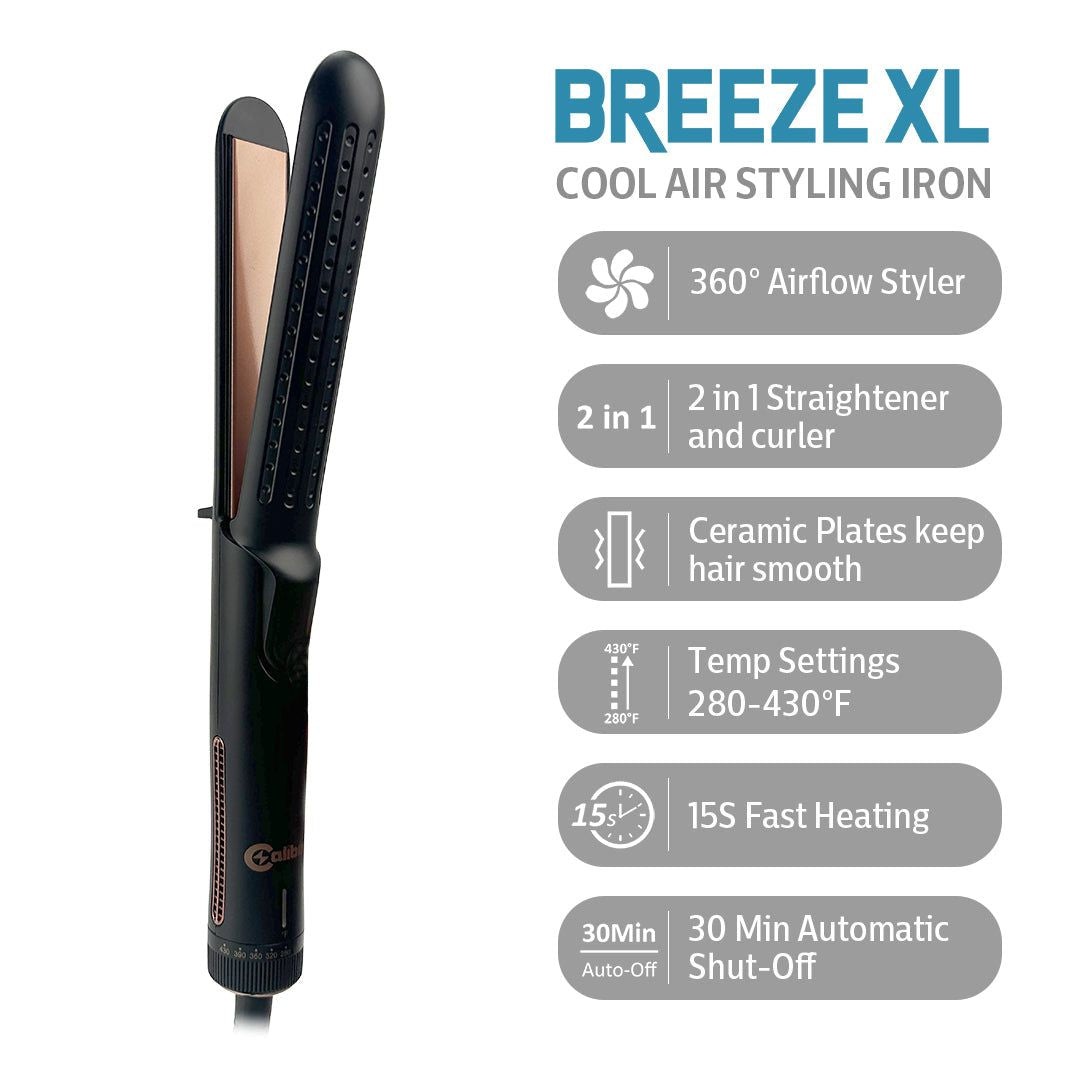 Caliber Breeze XL black ceramic hair straightener and curler with extended barrel and cool air vents for styling