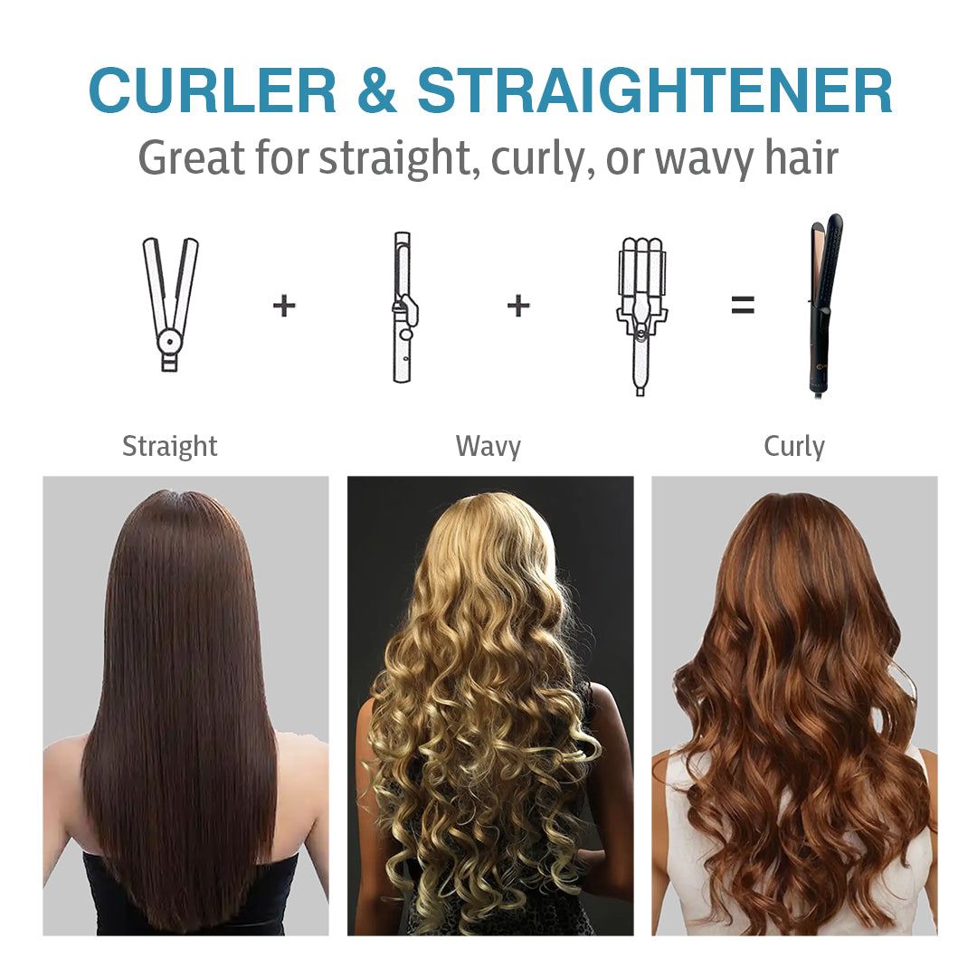 Caliber Breeze XL black ceramic hair straightener and curler styling tool with 2-inch extended barrel for straight, wavy, and curly hair looks