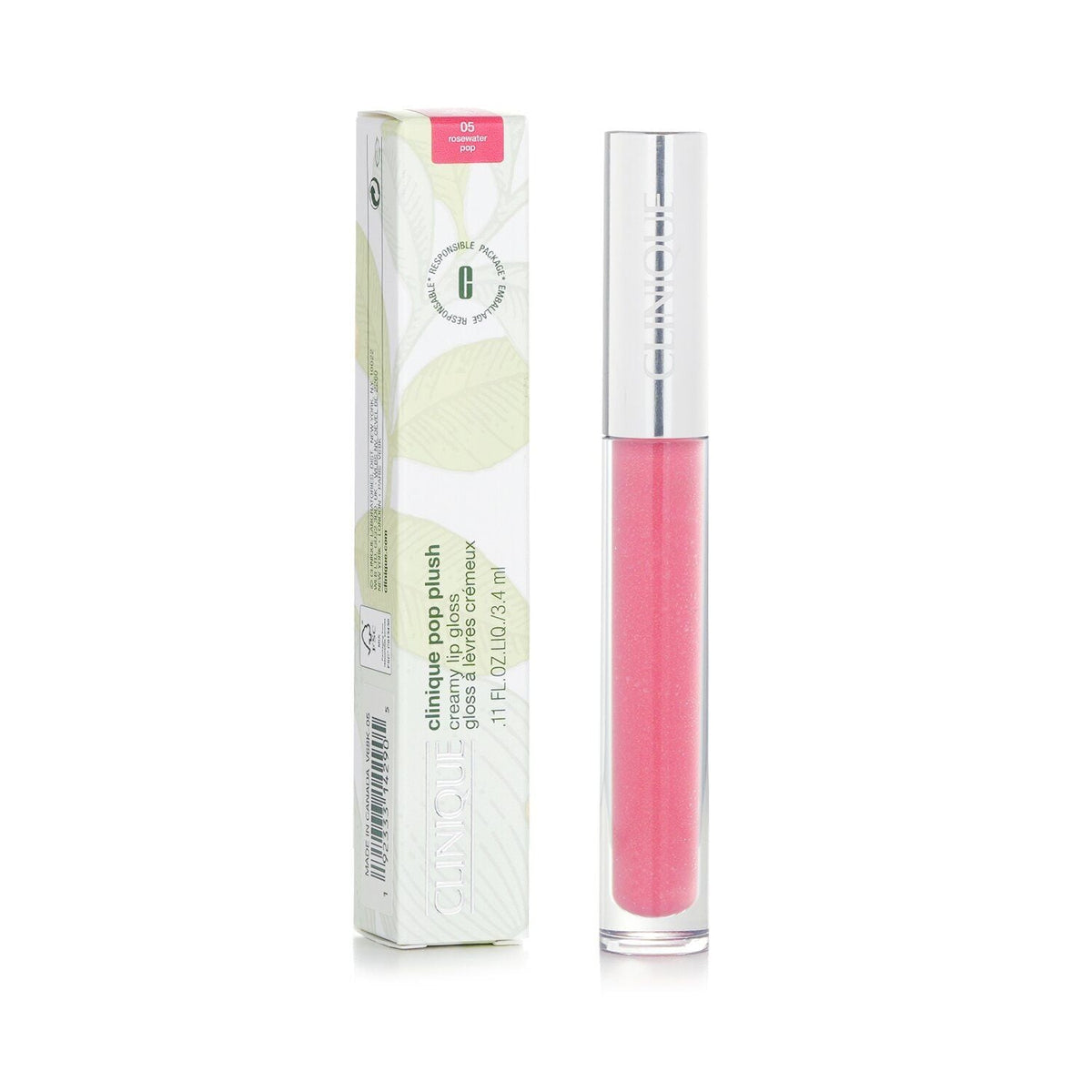 Clinique Pop Gloss hydrating lip gloss in shade 05 Rosewater Pop with soft pink tint and shiny finish in transparent tube with silver cap