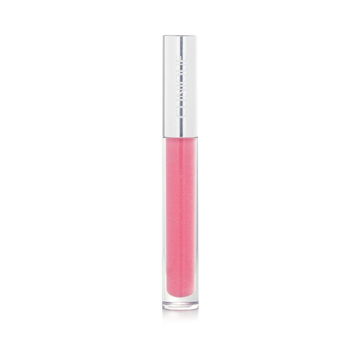 Clinique Pop Gloss in clear tube with silver cap, showing glossy pink hydrating lip color with high-shine finish.