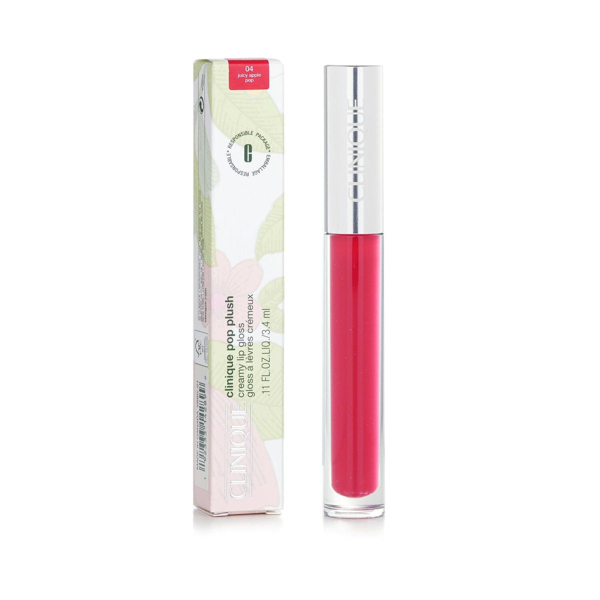 Clinique Pop Plush creamy lip gloss in vibrant juicy apple pink shade with clear tube and silver cap beside light floral patterned box